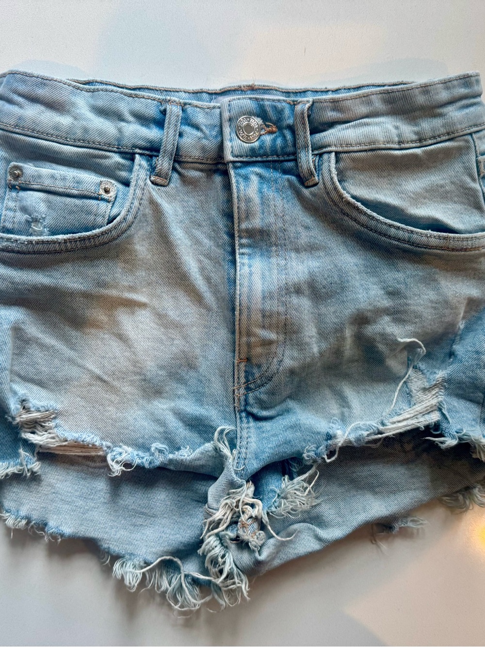 Zara Light Blue Distressed Denim Shorts
